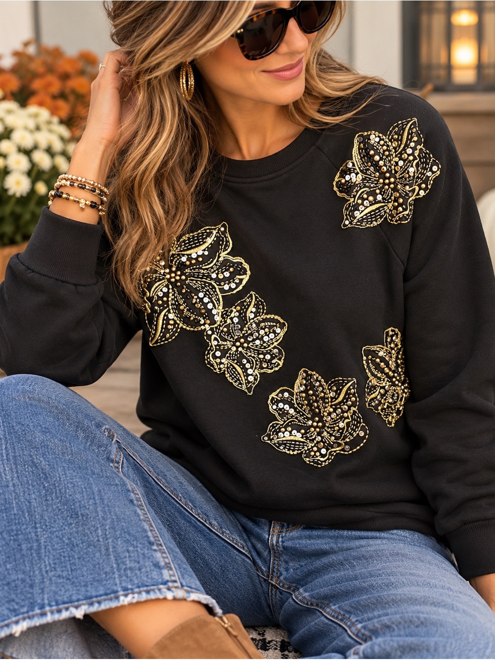 DG2 by Diane Gilman XS black crew sweatshirt gold & silver embellished